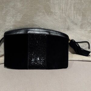 BCBGMaxAzria Black Sequin and Suede Clutch with Tassel